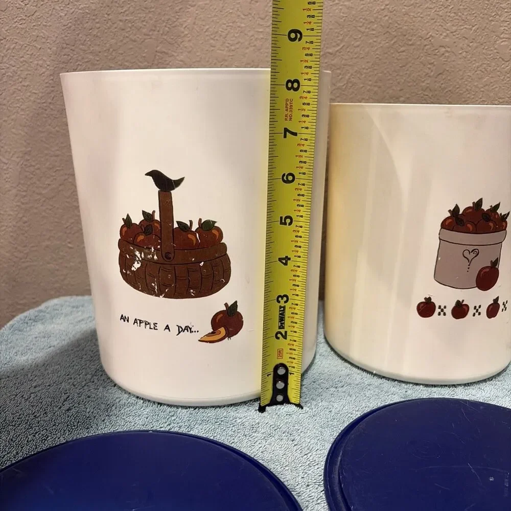 VINTAGE TUPPERWARE “An Apple a Day” WHITE/BLUE TOPS SET OF 3 ONETOUCH CANISTERS